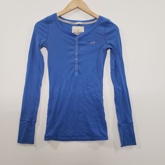 Hollister Tops - Y2K Hollister Womens Blue Long Sleeve Stretch Henley Top Size M Preppy Casual